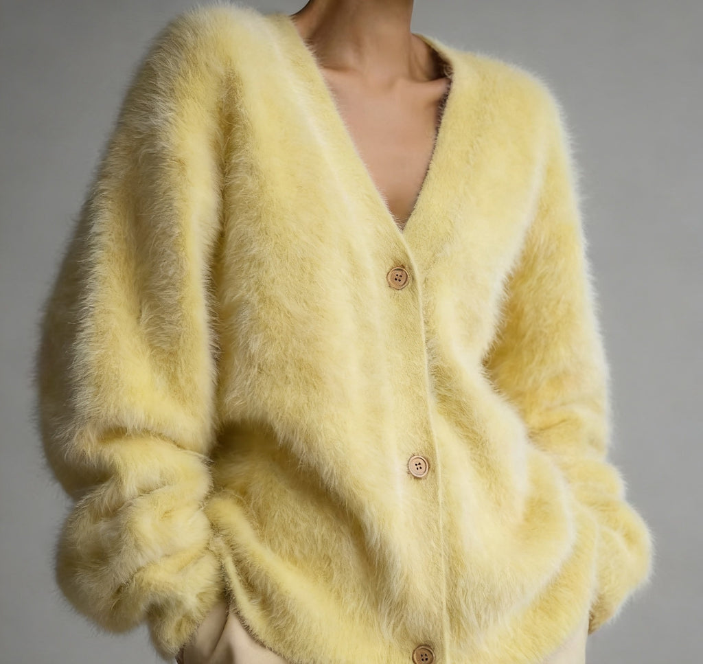 A person wearing a soft, fuzzy pale yellow cardigan with a V-neck and brown buttons, shown against a plain gray studio background.