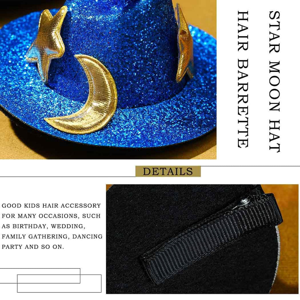 Blue glittery hat with gold crescent moon design and black hair tie on a wooden surface.