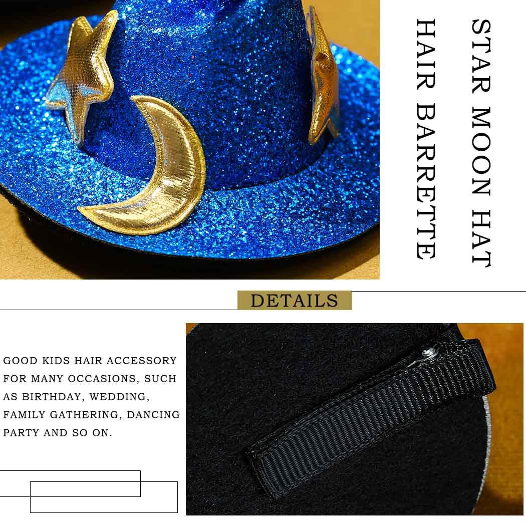 Blue glittery hat with gold crescent moon design and black hair tie on a wooden surface.