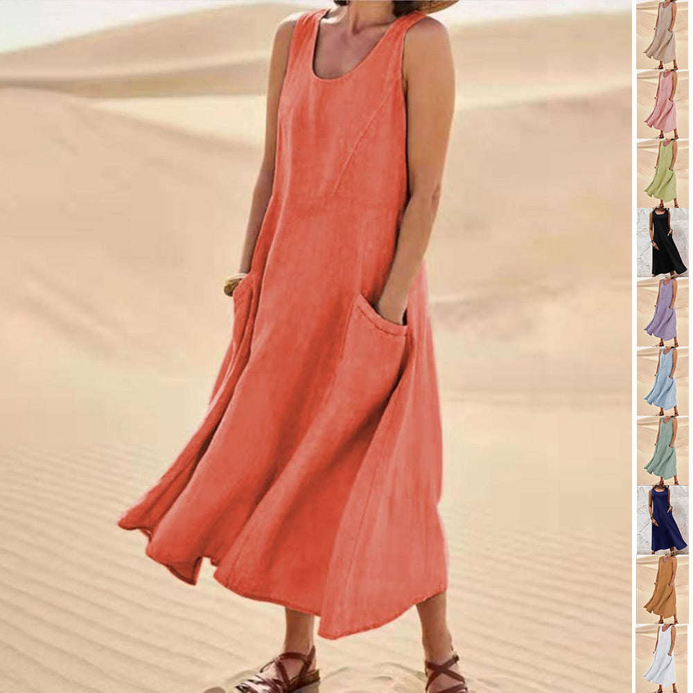 Person wearing a coral dress in a desert setting with color swatches on the right.