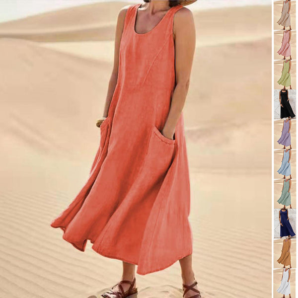 Person wearing a coral dress in a desert setting with color swatches on the right.