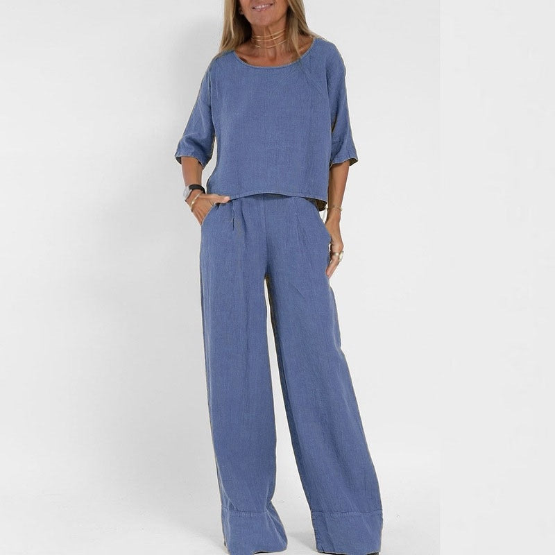 Cotton Linen Casual Pants Suit | Wide Leg