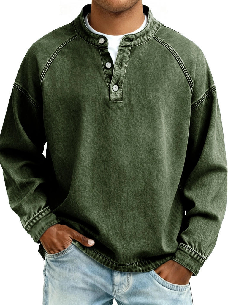 Green long-sleeve shirt worn by a person on a white background