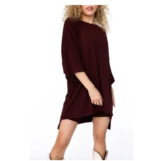 Woman modeling a burgundy oversized dress with boots, ZA-Zola trendy fashion