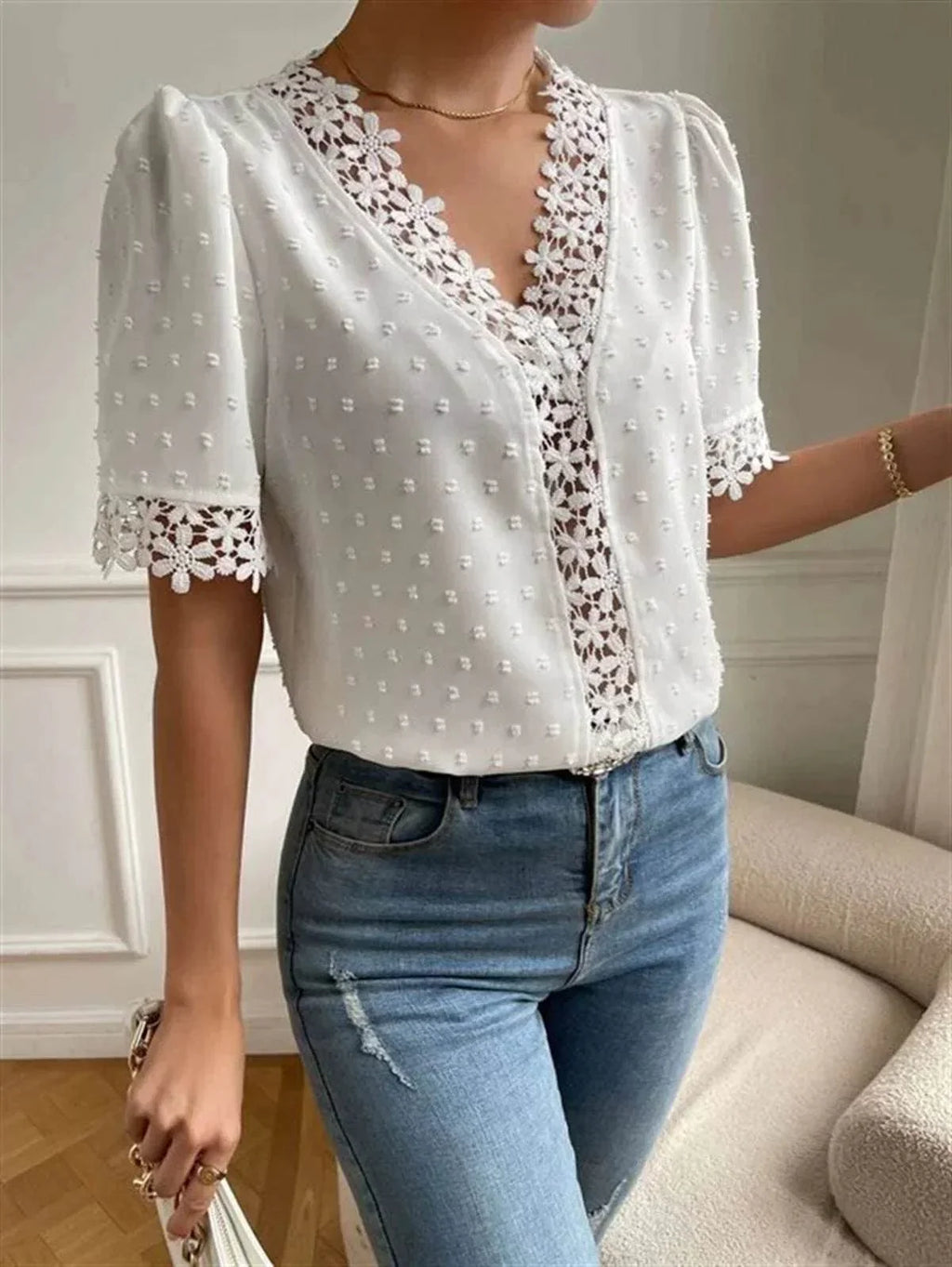 Floral Lace V-Neck Puff Sleeve Summer Top Women - ZA-Zola