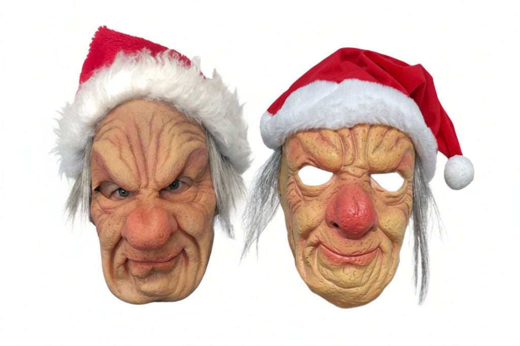 Two novelty Santa hats with attached grotesque old man faces, shown side by side on a plain white background. Each hat has a red crown, white faux-fur trim, gray hair, and a wrinkled skin face with a large red nose.