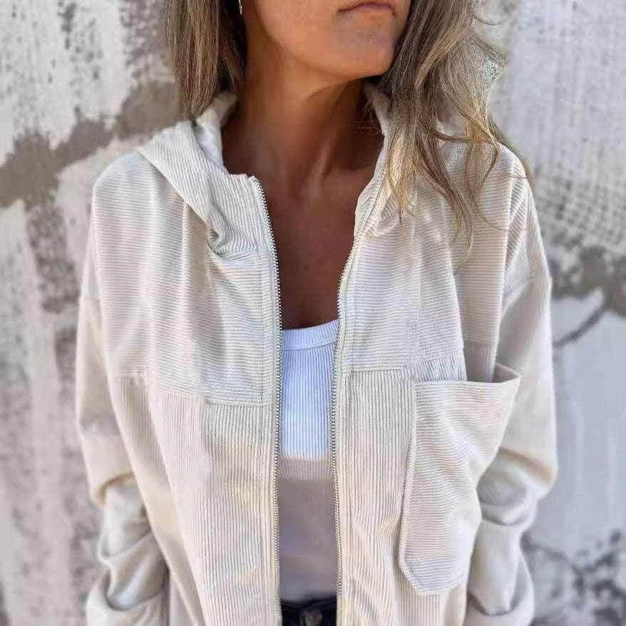 Women’s Corduroy Hooded Jacket with Zipper - ZA-Zola