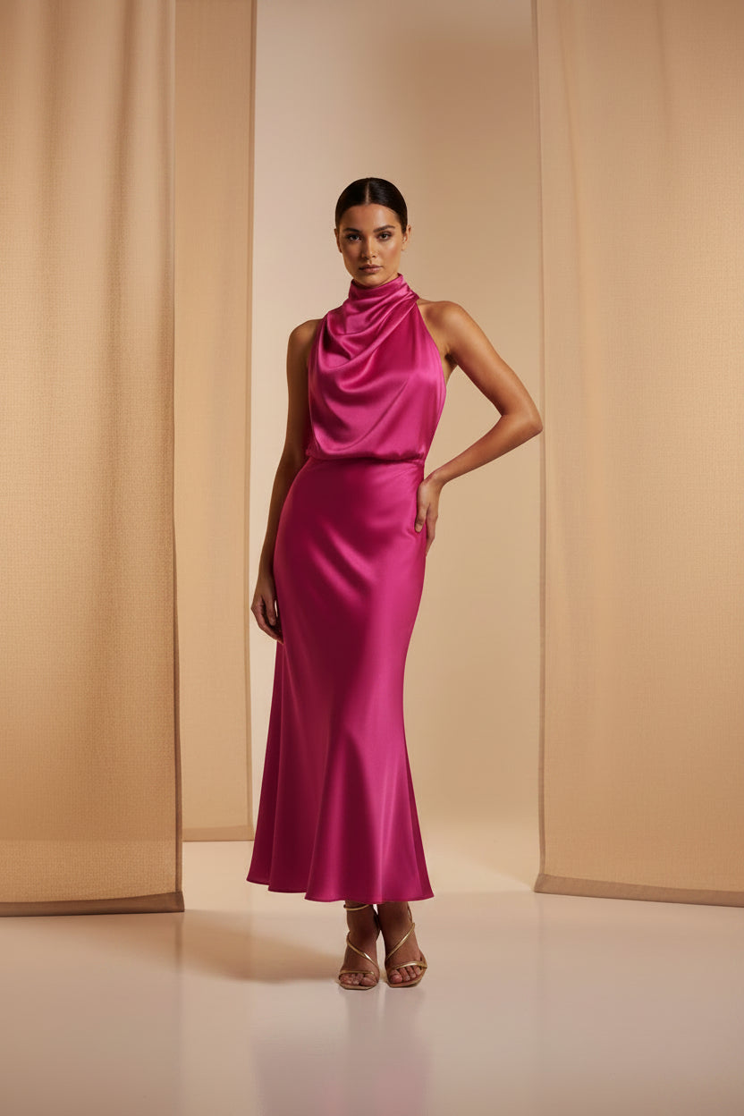 Pink evening gown on a white background