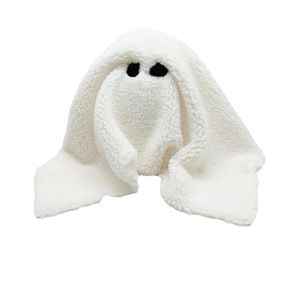 White plush toy resembling a ghost on a white background