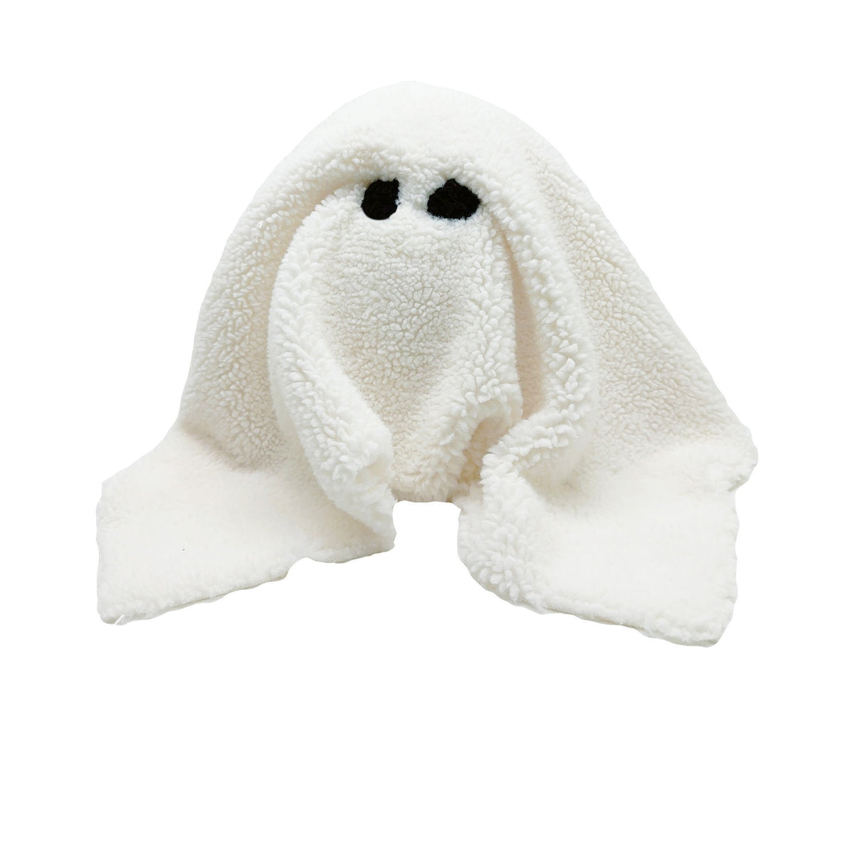 White plush toy resembling a ghost on a white background
