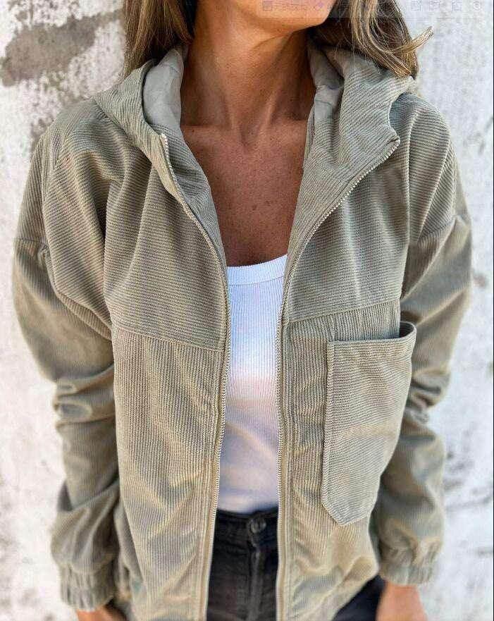 Women’s Corduroy Hooded Jacket with Zipper - ZA-Zola
