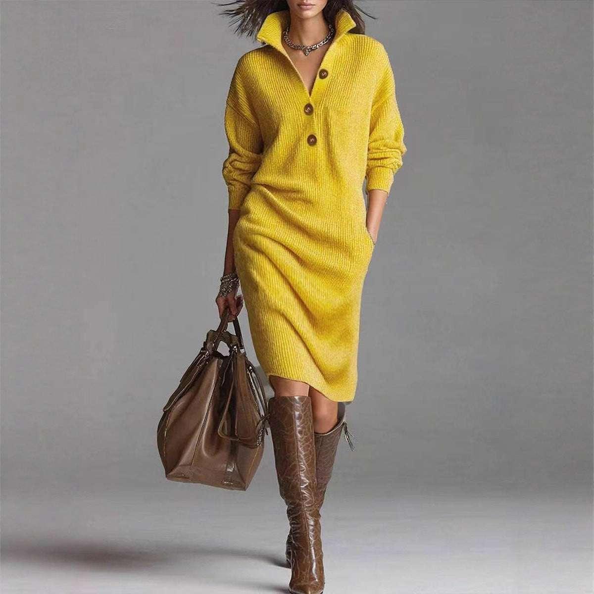 Winter Sweater Dress Women – Warm Long-Sleeve V-Neck Pullover - ZA-Zola