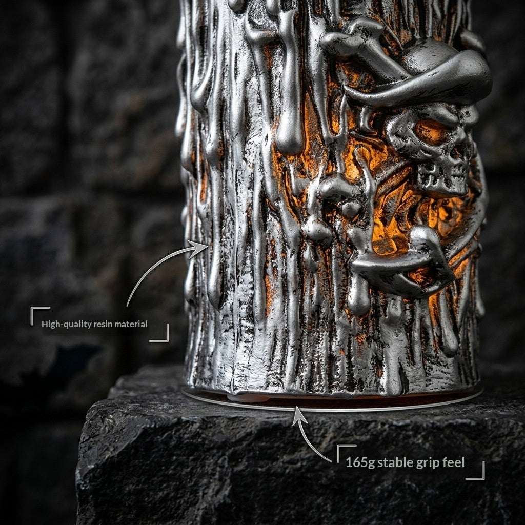 A close-up of a metallic silver resin mug with a dripping wax design, featuring a skull and horned topper, glowing with warm orange light from within. Text overlays highlight the high-quality resin material and the 165g stable grip feel.