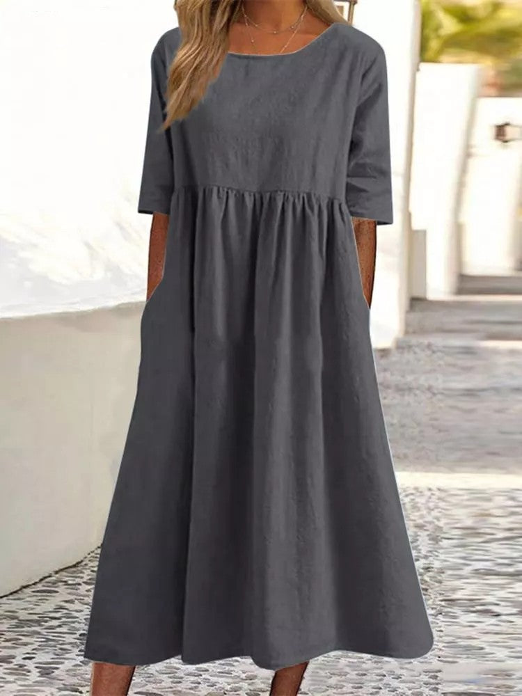 Women’s Casual Cotton Linen Short Sleeve Pocket Dress