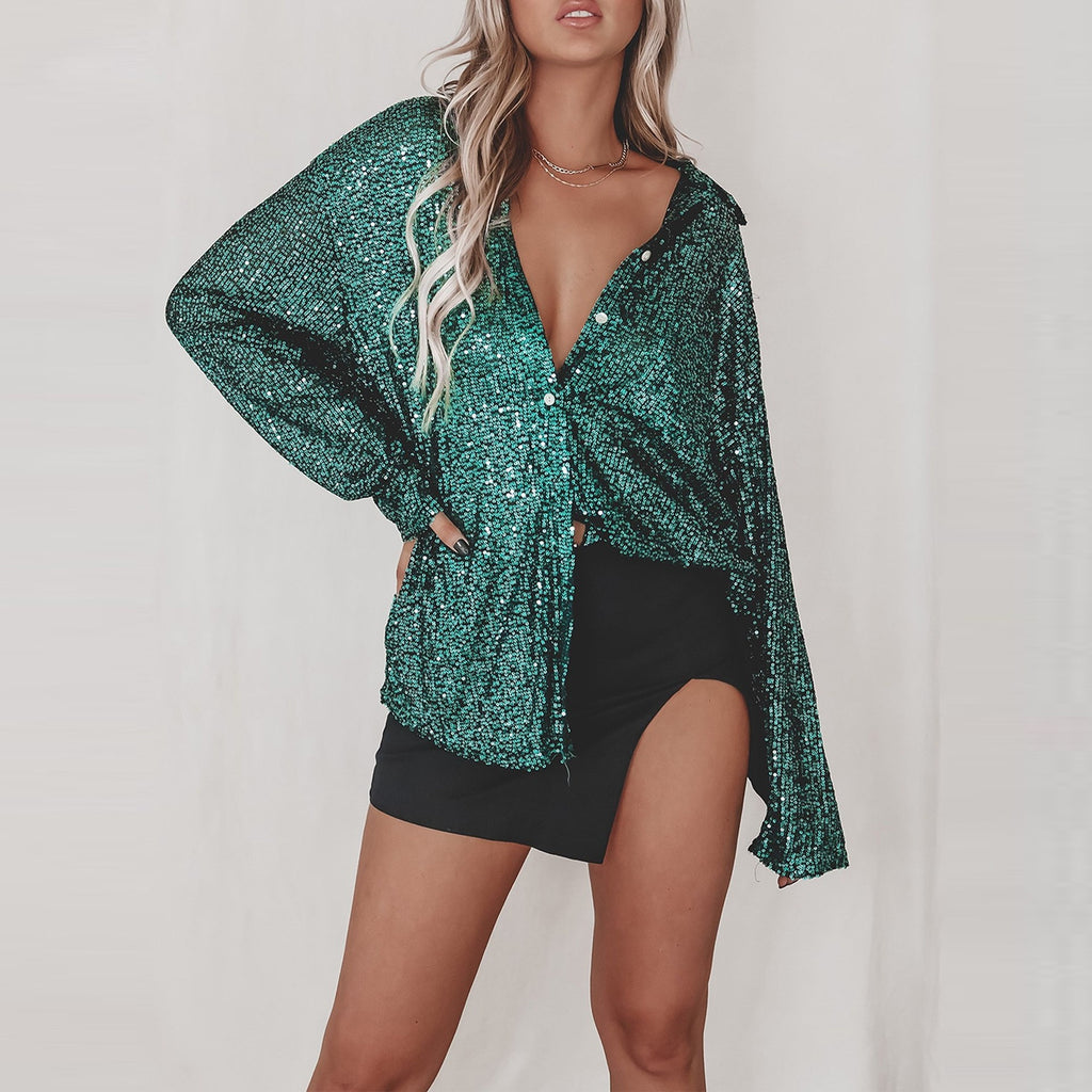 Sequin Lapel Long Sleeve Shirt | Sparkly Loose Top
