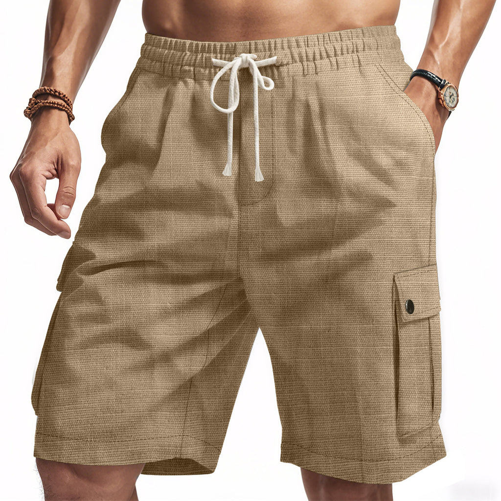 Beige shorts with a drawstring on a white background