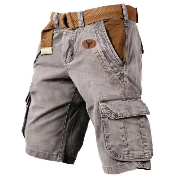 Gray cargo shorts with a brown belt and logo on a white background