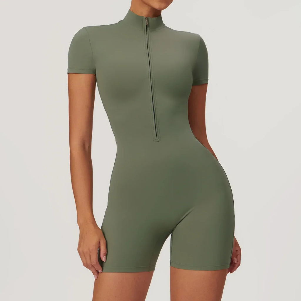 Zipper Short Sleeve Yoga Jumpsuit for Women - ZA-Zola