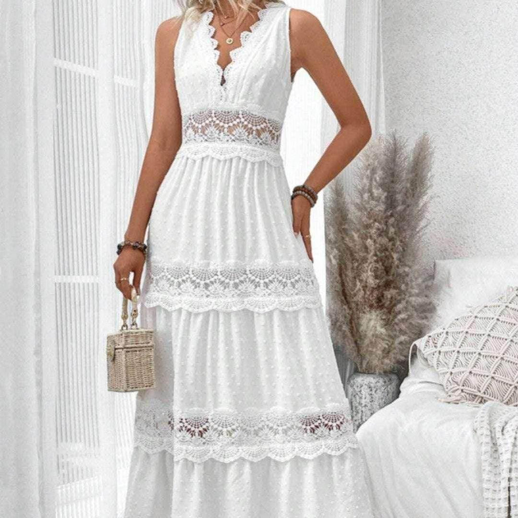 Lace V-Neck Sleeveless Long Summer Dress – White - ZA-Zola
