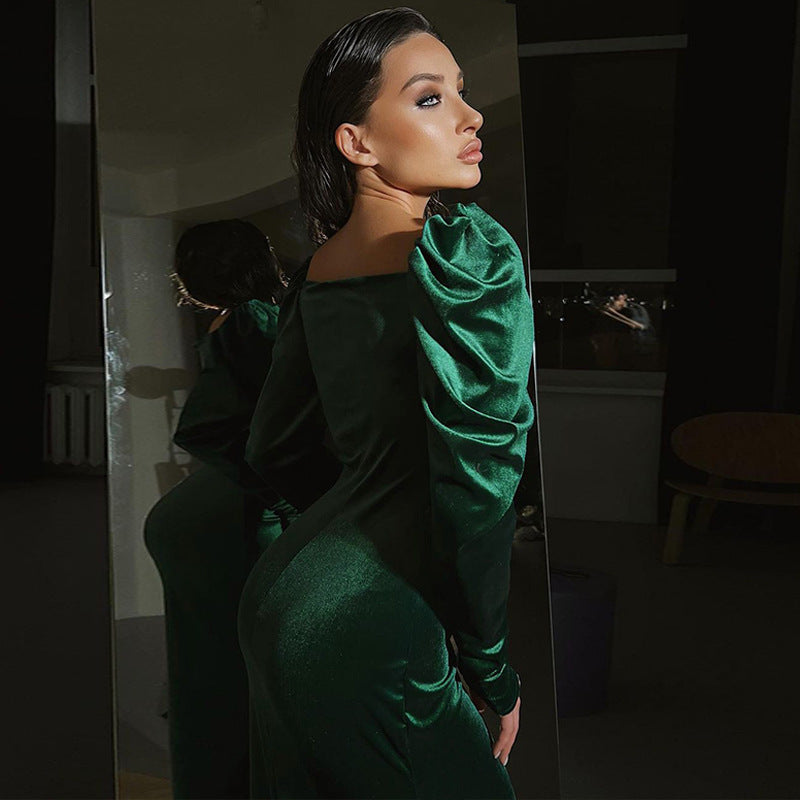 Women’s Pleated Dress | Long Sleeve Velvet Slit Midi Dress (S–3XL)