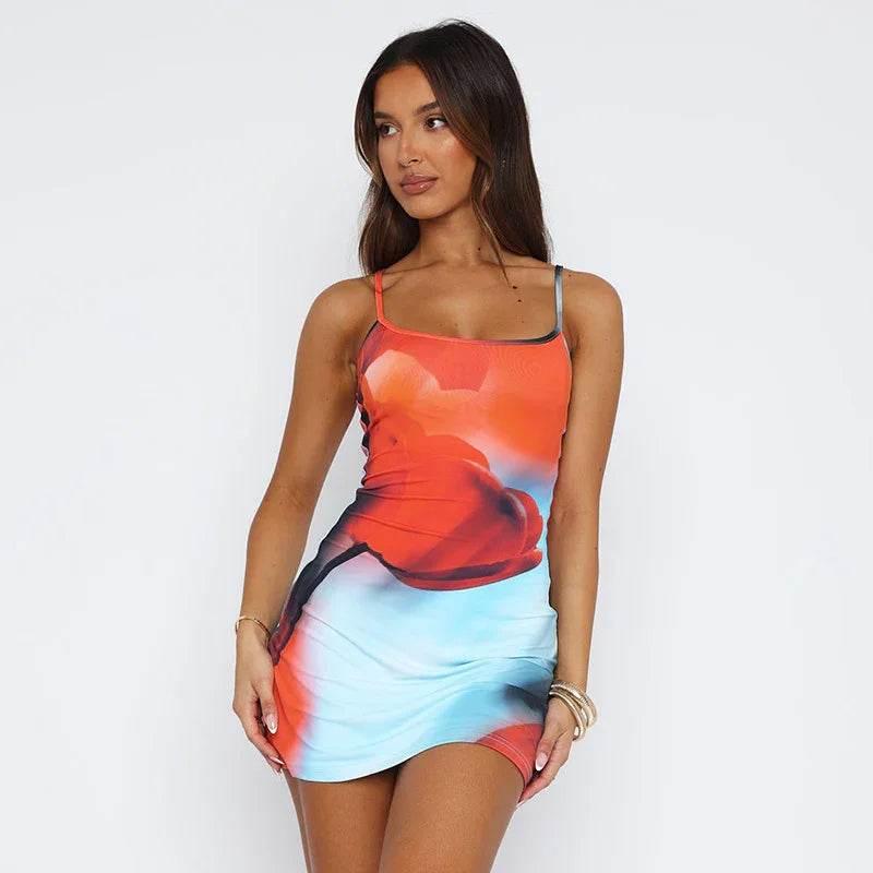 Summer Flowers Printed Sling Dress - Slim Fit Short Dress - ZA-Zola