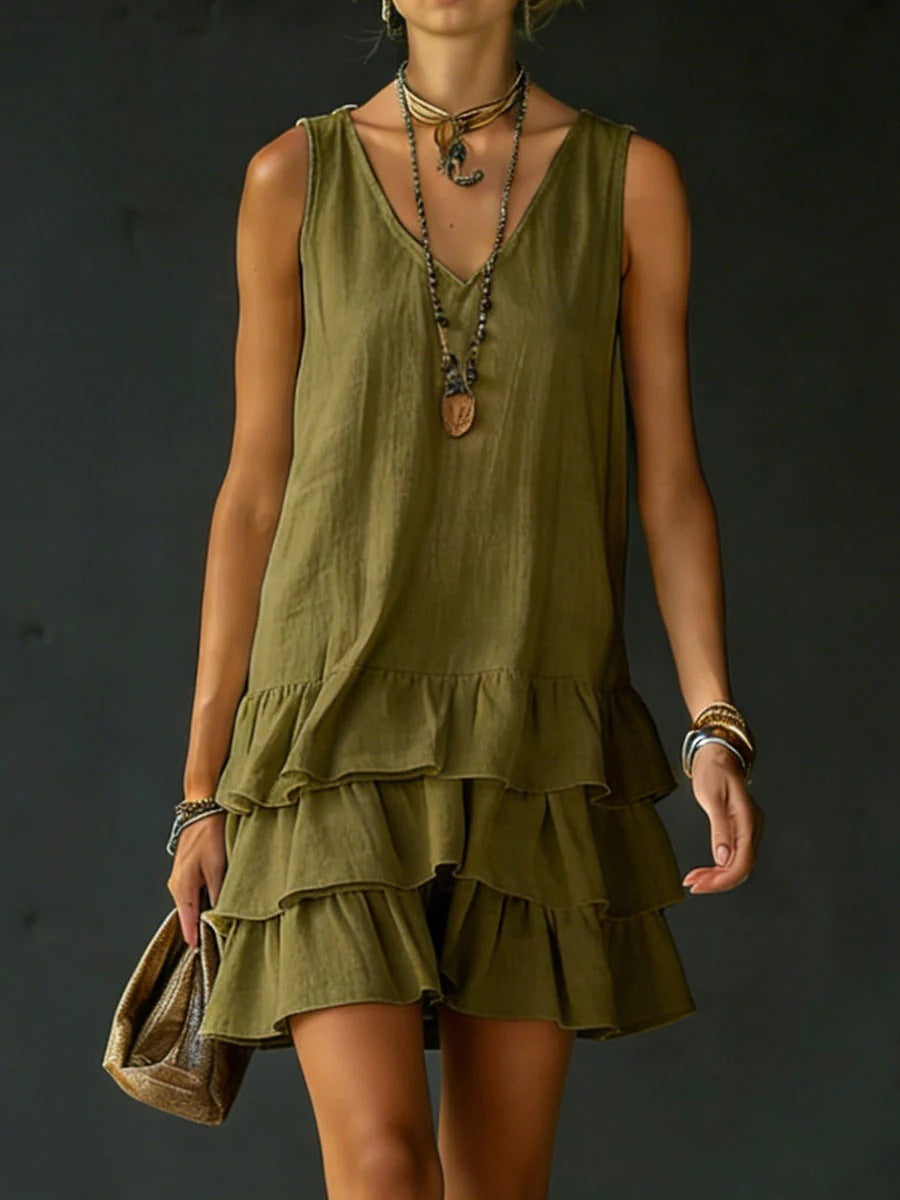 V-Neck Cotton Linen Women's Sleeveless Dress – Fashionable Mid-Length Straight Sundress