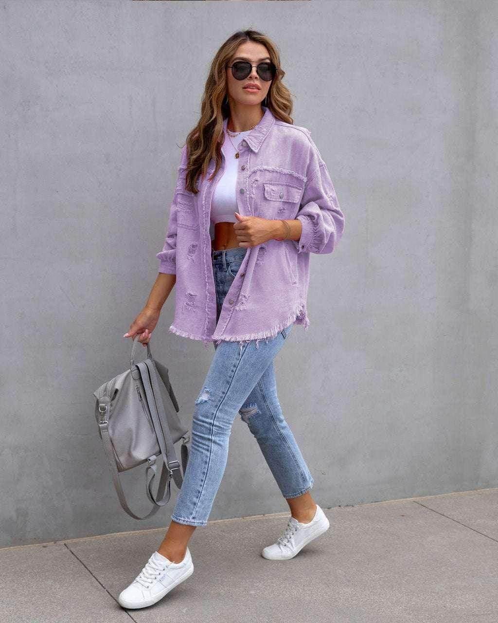 Women’s Ripped Shirt Jacket – Casual Mid-Length - ZA-Zola