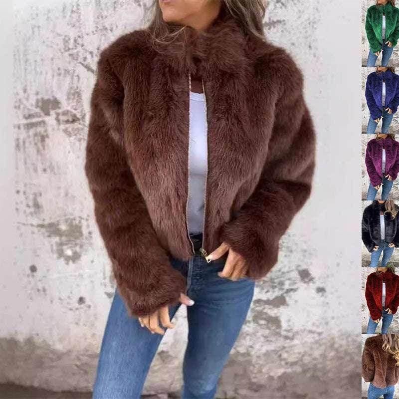 Winter Plush Stand Collar Jacket – Fleece Zipper Coat for Women - ZA-Zola