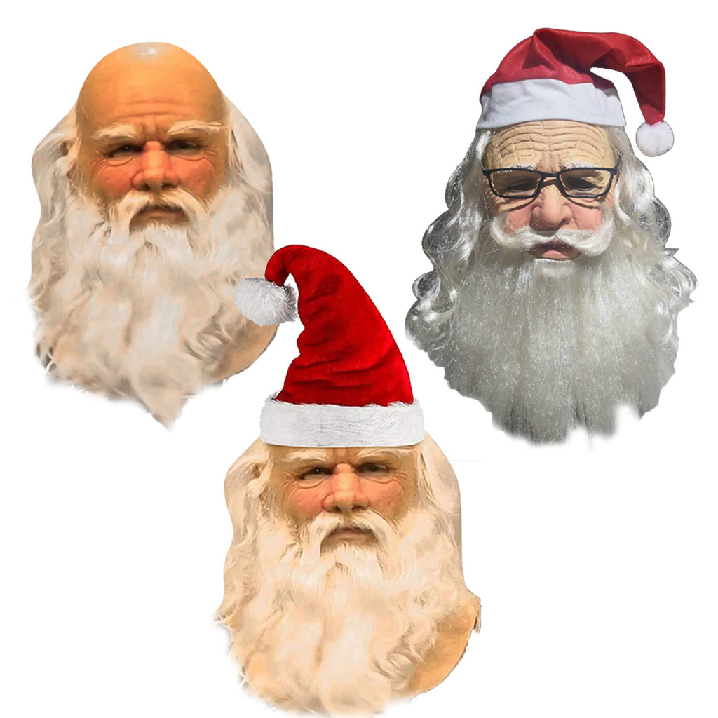 Three Santa Claus masks with different hairstyles and hats on a white background