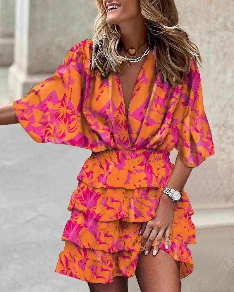 Irregular Hem Bat Sleeve V-Neck Dress – Bold Prints - ZA-Zola