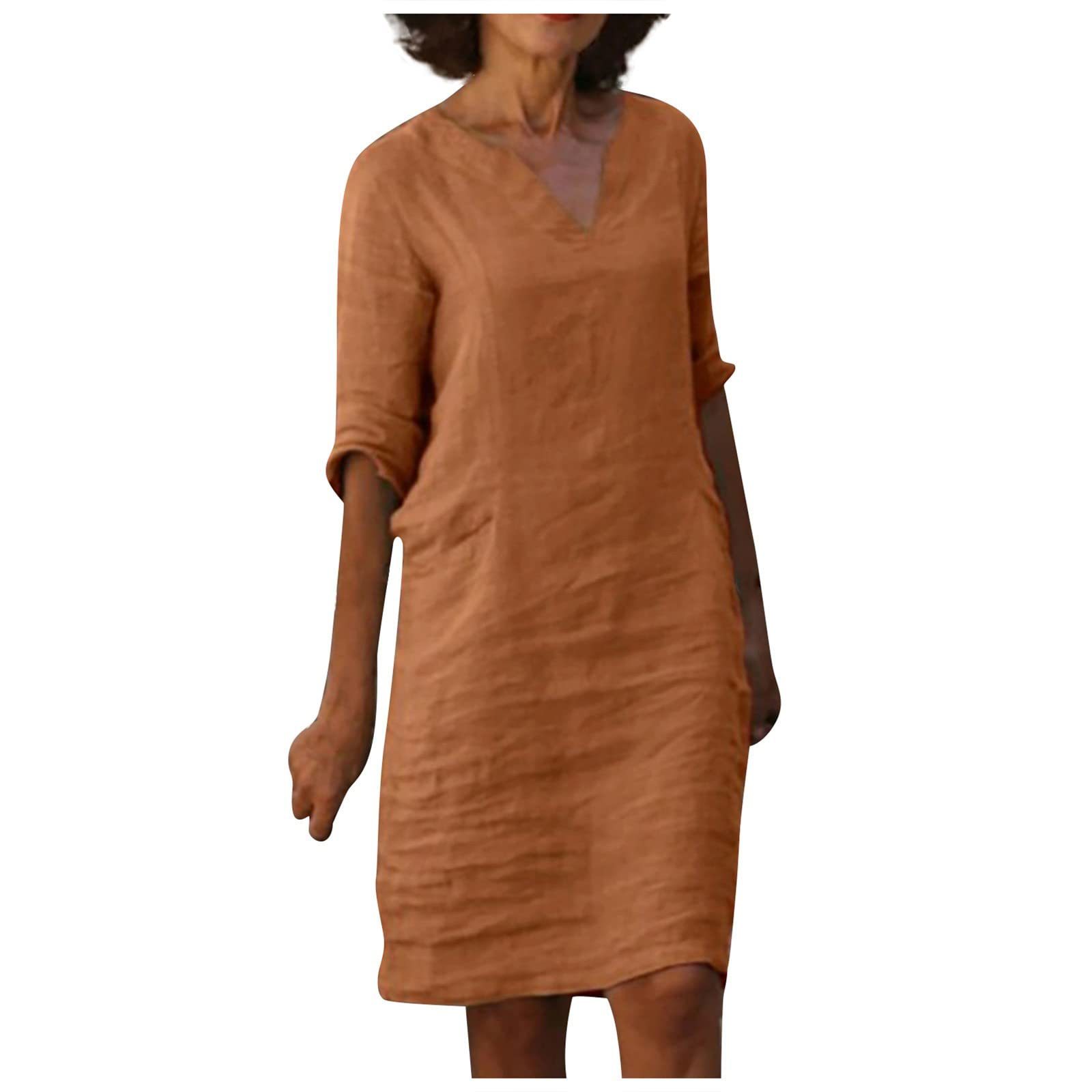 Cotton Linen V-Neck High Waist Retro Summer Dress – A-Line Solid Colour Mid-Length