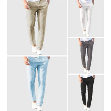 Collage of five pairs of pants in different colors on a light gray background