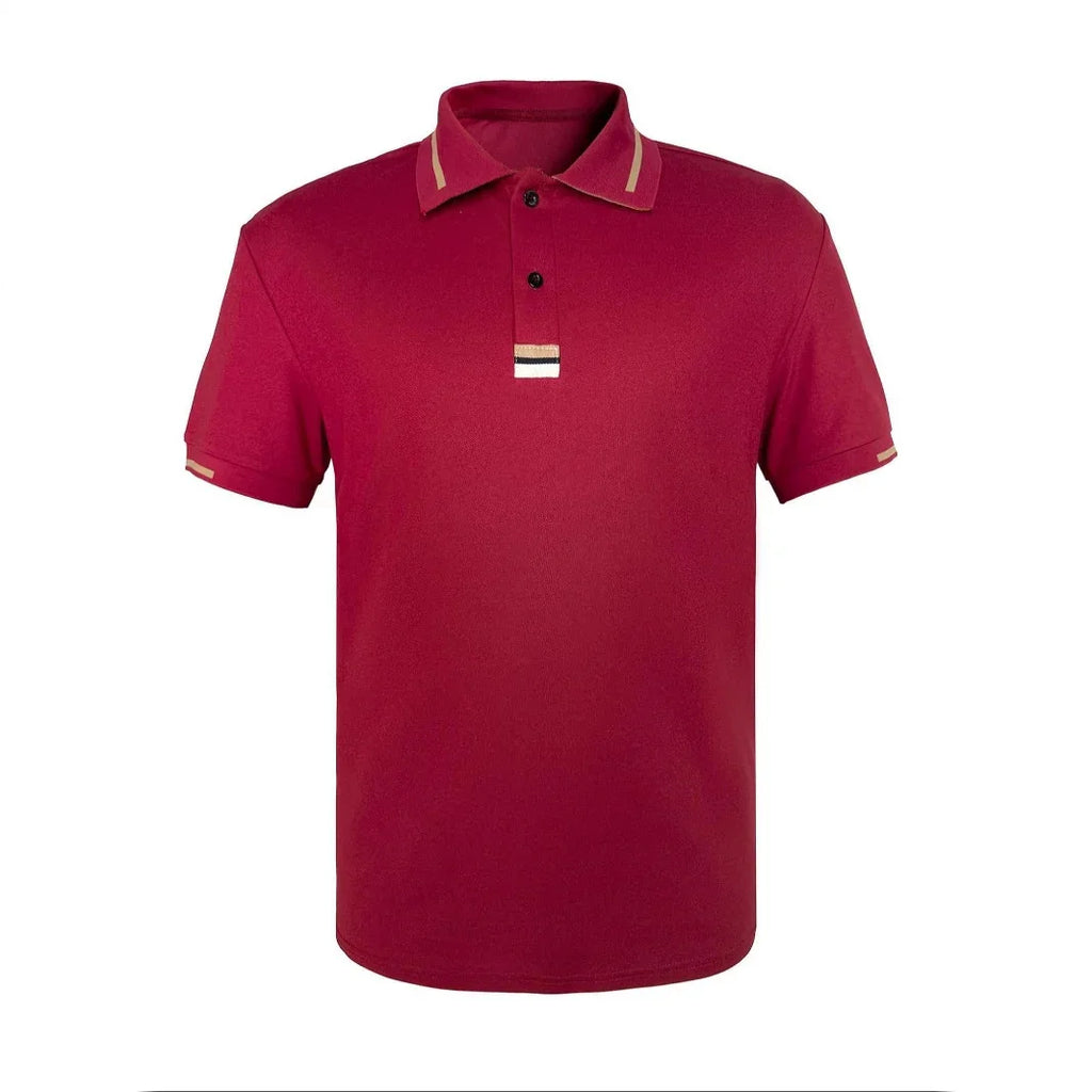 Red polo shirt with a gold emblem on a white background
