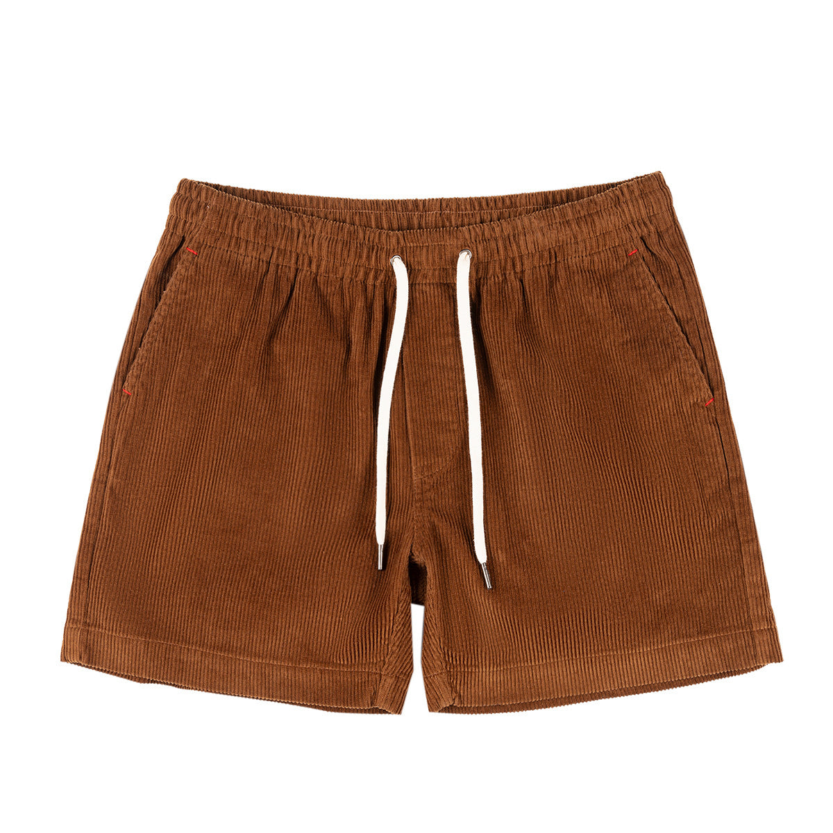 Brown shorts with a drawstring on a white background