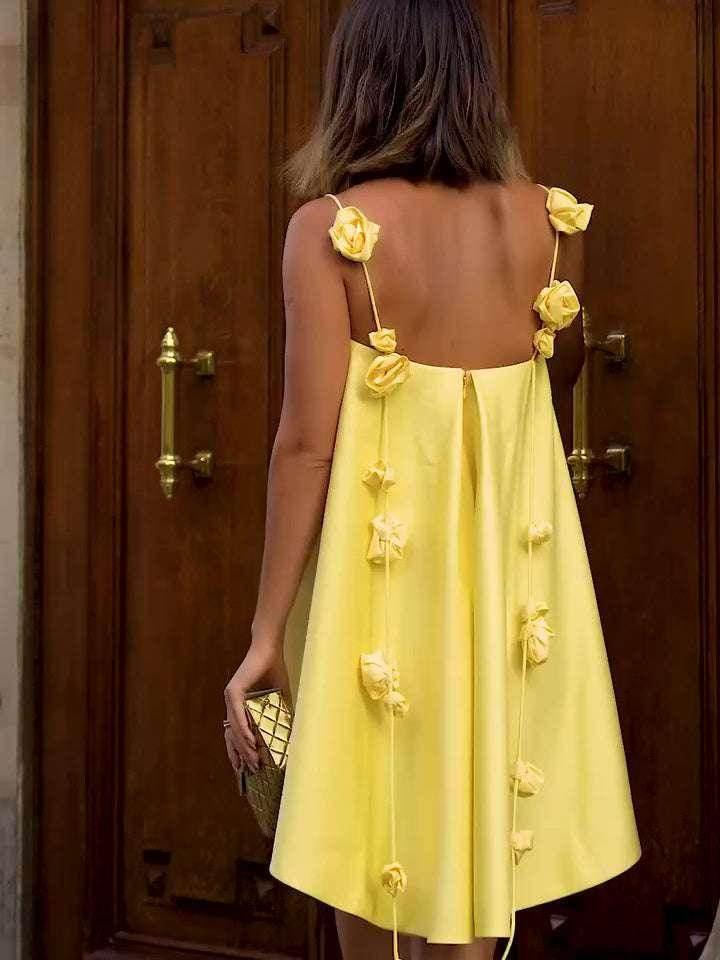 Yellow Floral Handmade Suspender Mini Dress - ZA-Zola