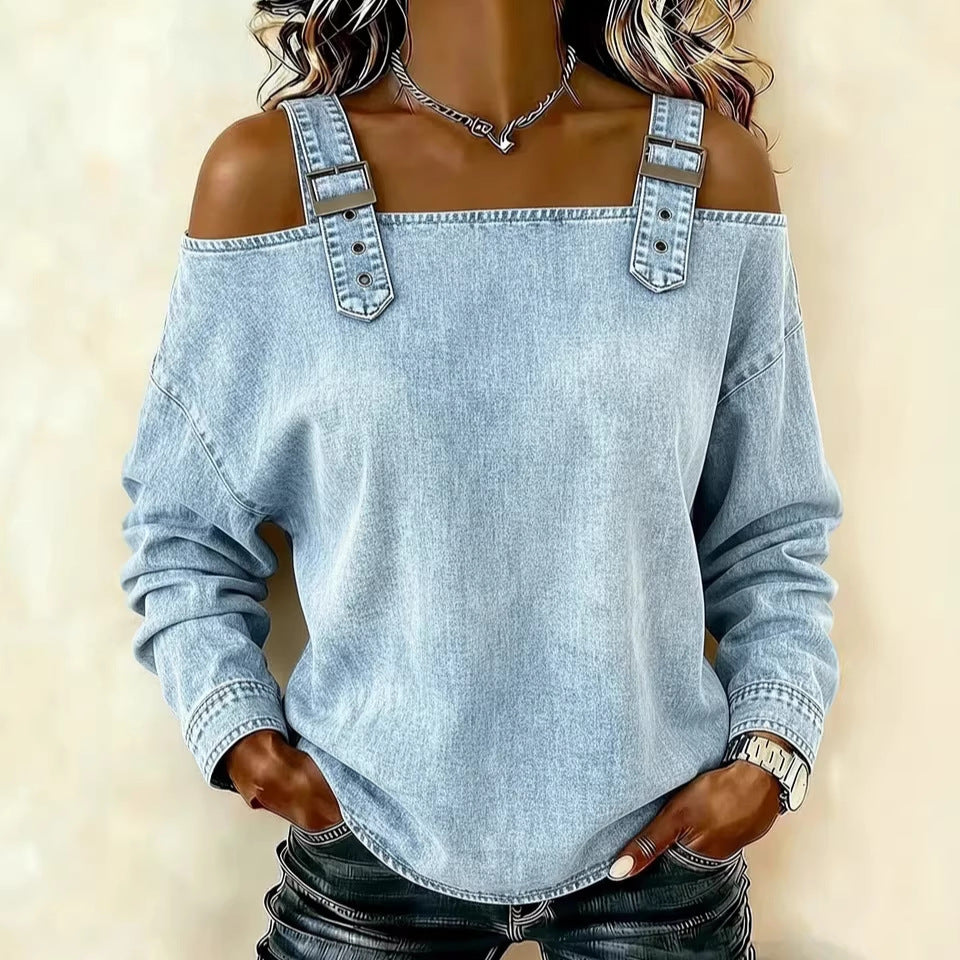 Denim off-shoulder top worn by a person on a beige background