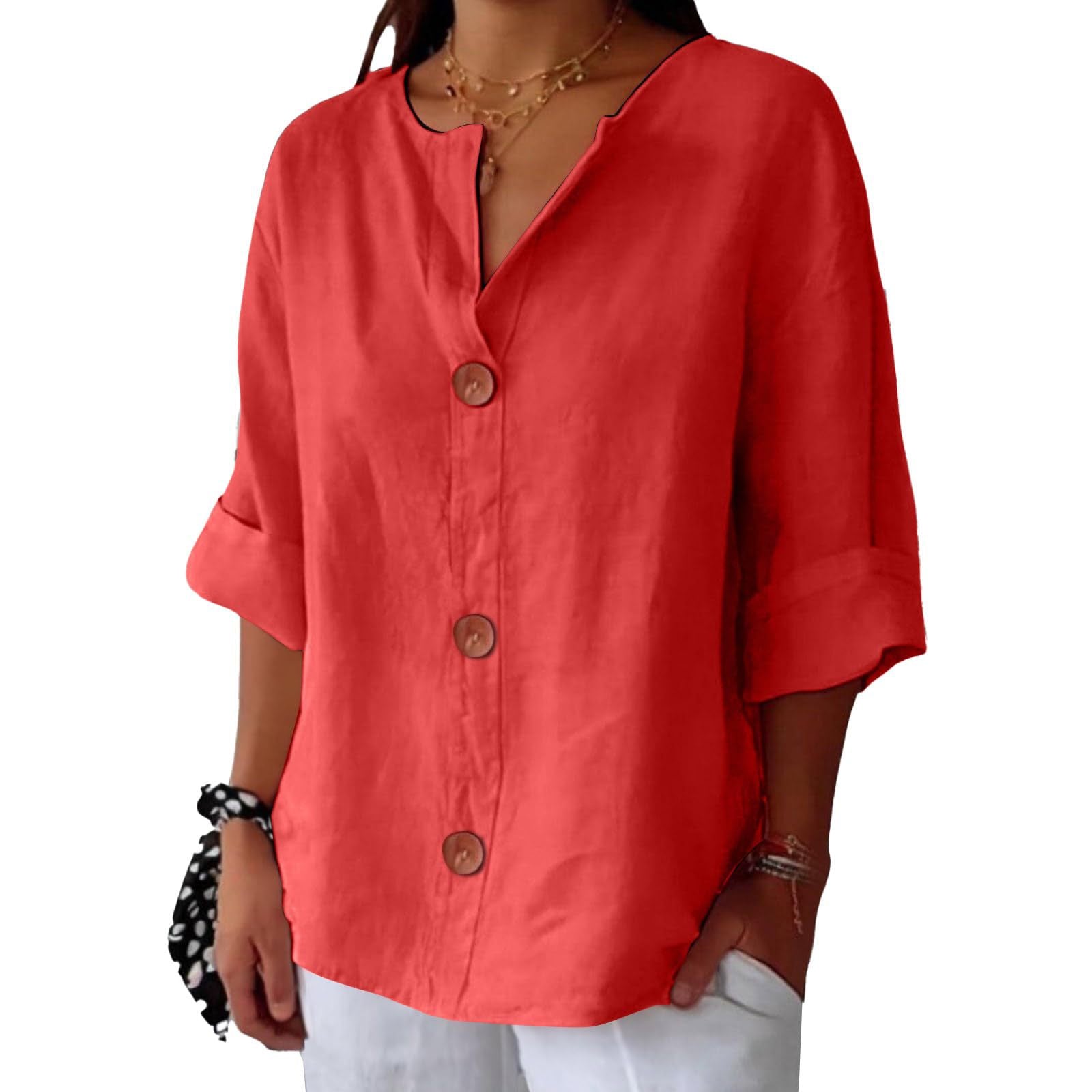Red button-up shirt worn by a person on a white background
