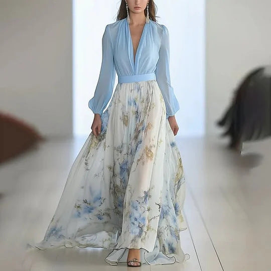 Printed Long Sleeve V-Neck High Waist Stitching Dress for Women