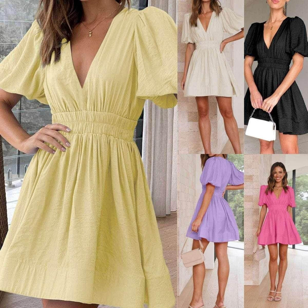 Elegant V-Neck Lantern Sleeve Waist Dress - ZA-Zola