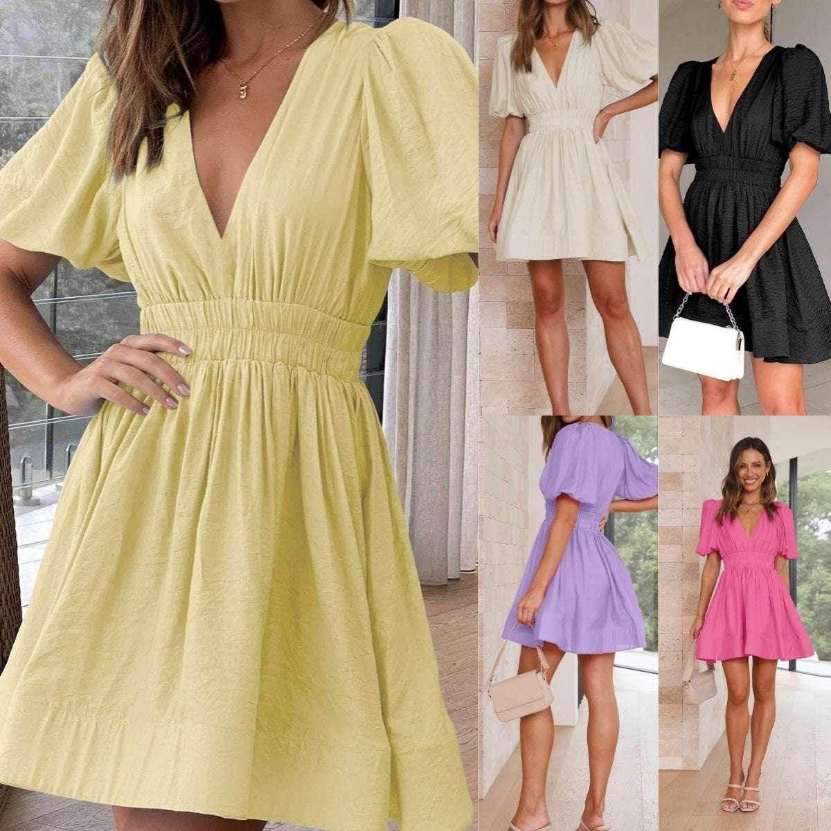 Elegant V-Neck Lantern Sleeve Waist Dress - ZA-Zola