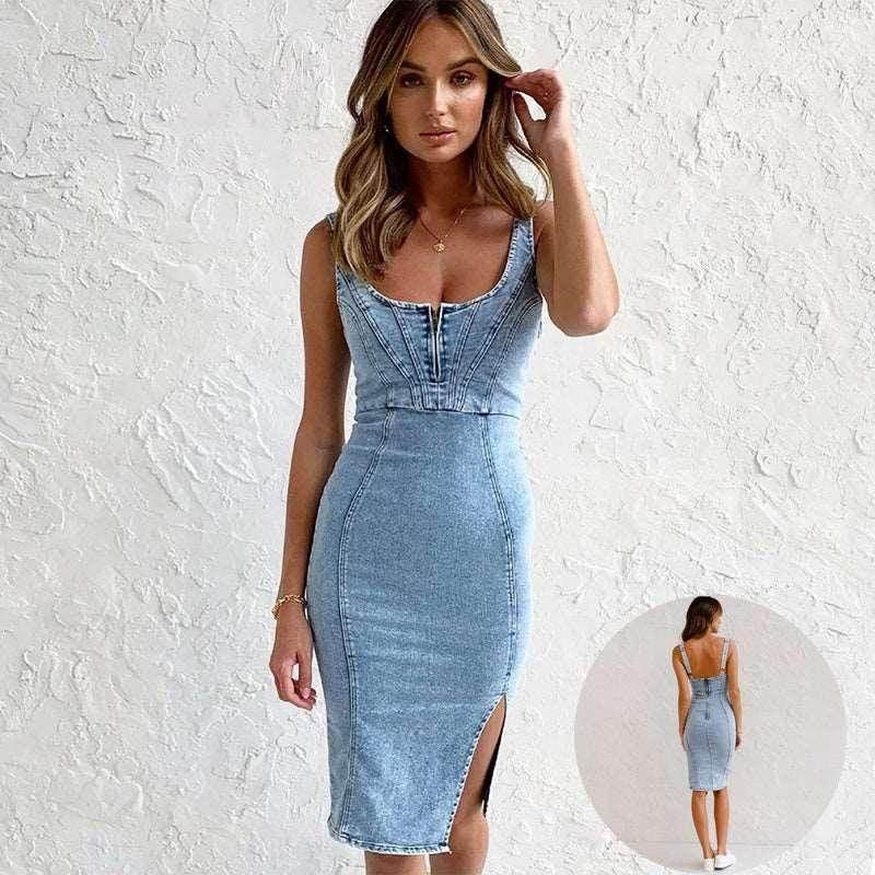 Shop U-Neck Suspender Denim Dress – Buy Now! - ZA-Zola