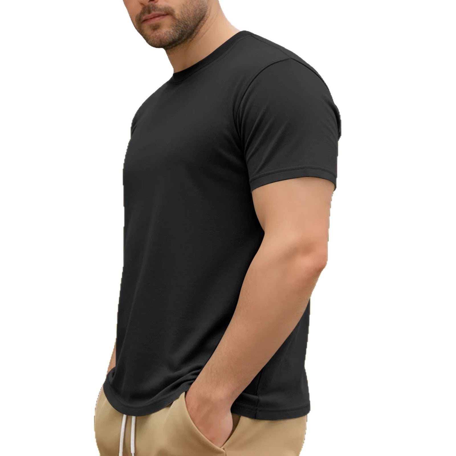 Person wearing a black t-shirt on a white background