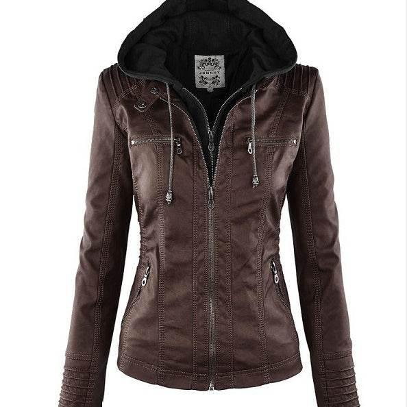 Women’s Zipper Leather Jacket with Detachable Lapel Coat - ZA-Zola
