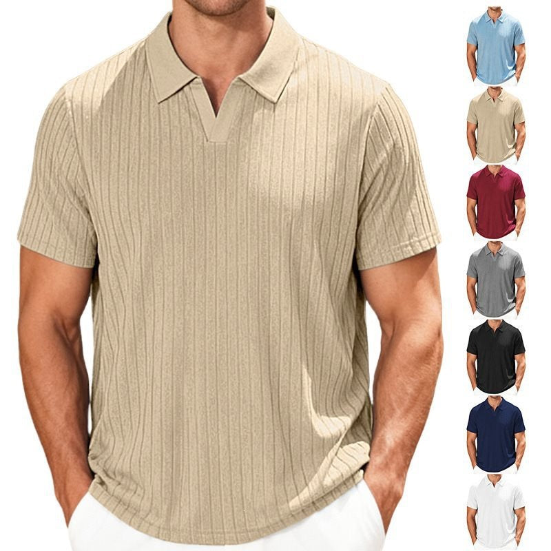 Man wearing a beige ribbed polo shirt with color options displayed.