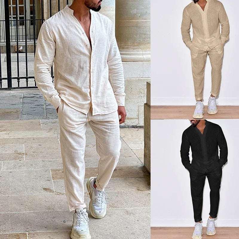 Men Linen Lounge Suit Long Sleeve Shirt & Trousers - ZA-Zola