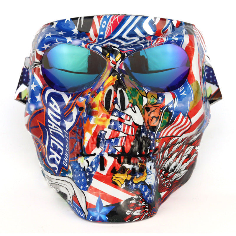 Colorful skull-themed helmet with American flag design on a gray background