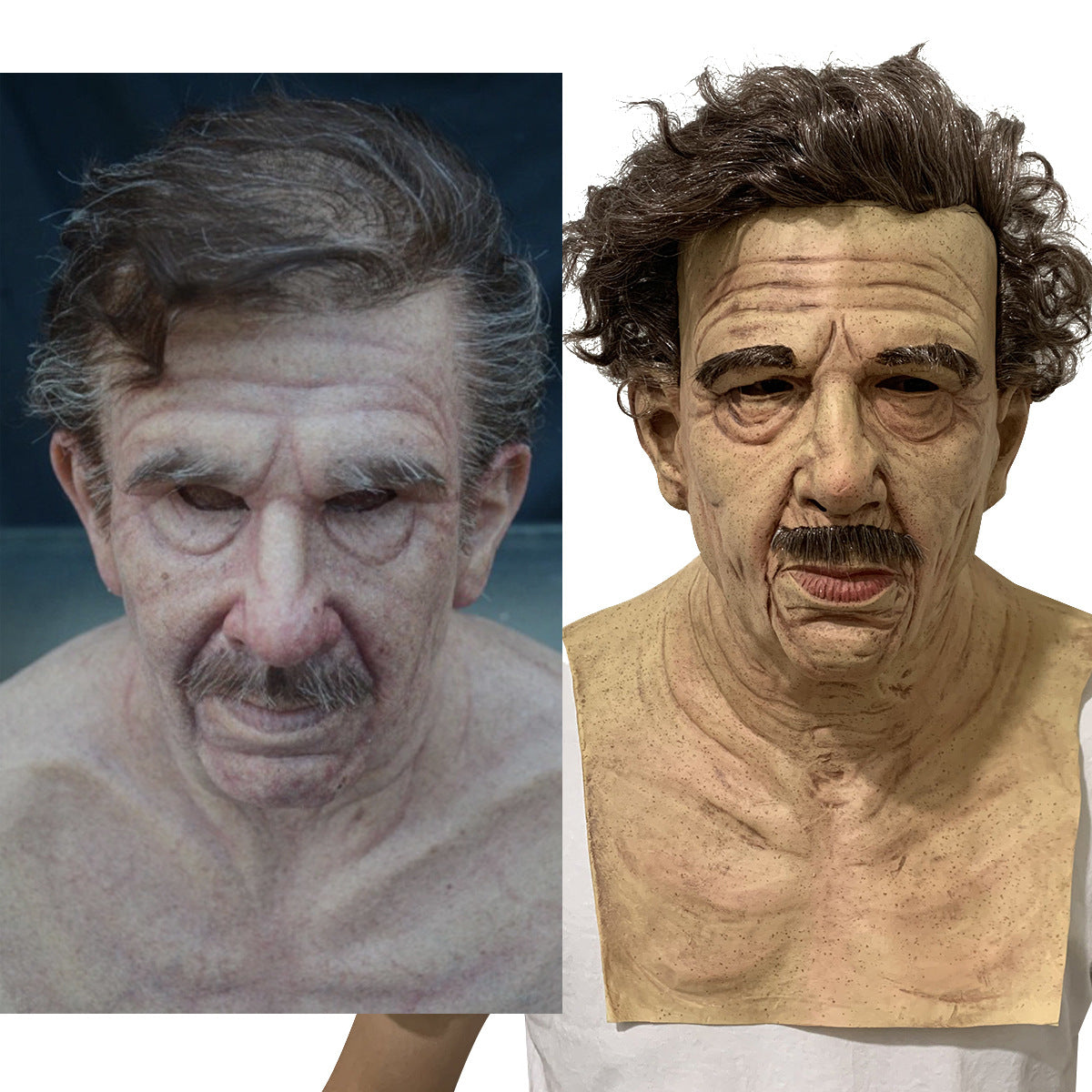 Side-by-side comparison of a person with a realistic face and a mannequin head with a realistic face.