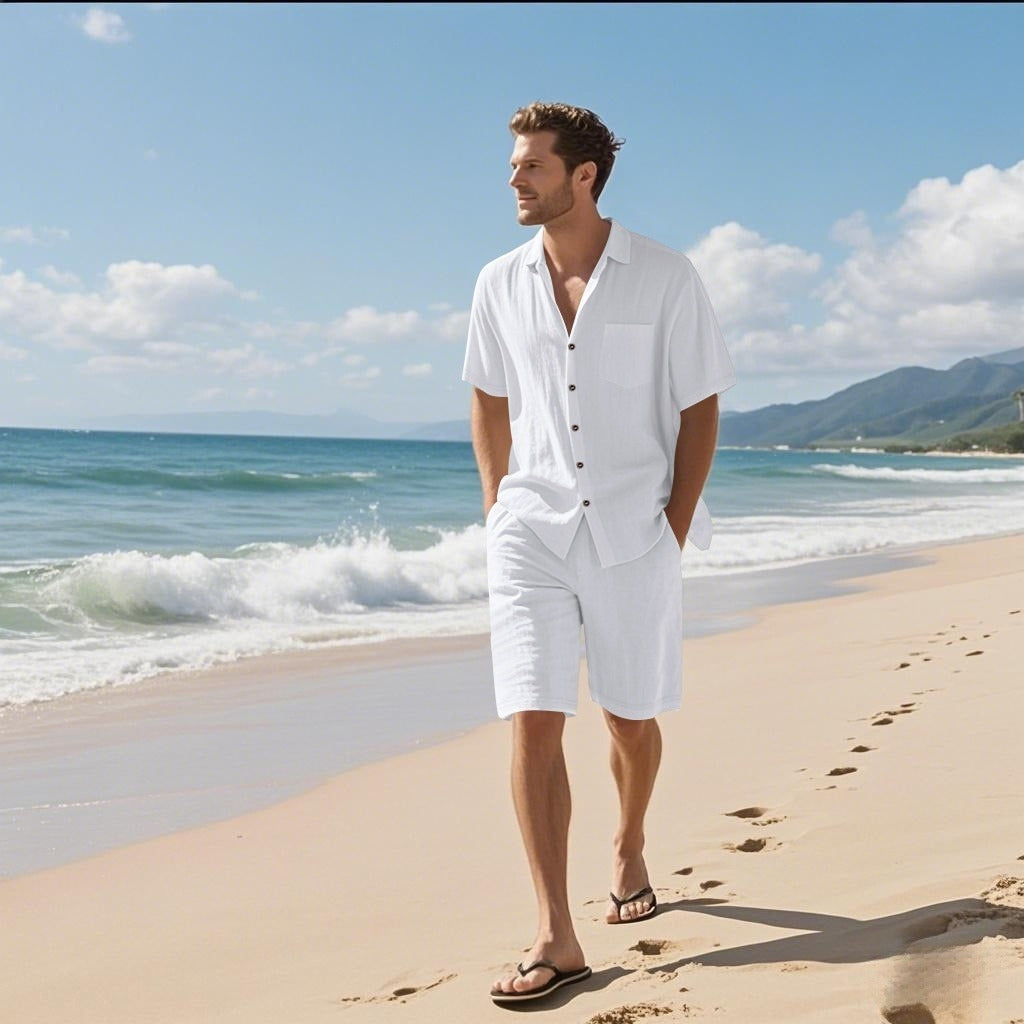 Man in white outfit standing on a beach with ocean and mountains in the background