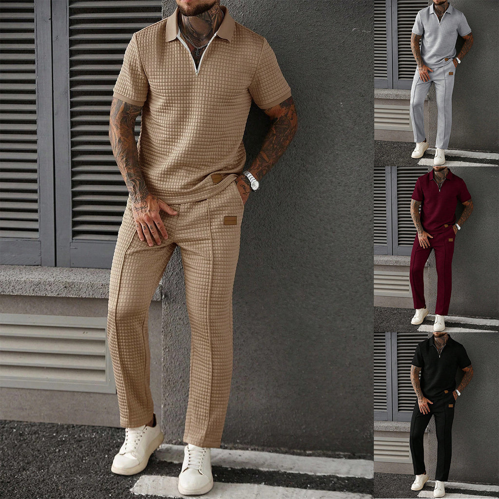 A man modeling a matching short-sleeve collared knit polo shirt and wide-leg trousers set in three colorways: beige/cream, burgundy, and black. The main image shows the beige version, with two smaller vertical panels on the right showing the other two color options.