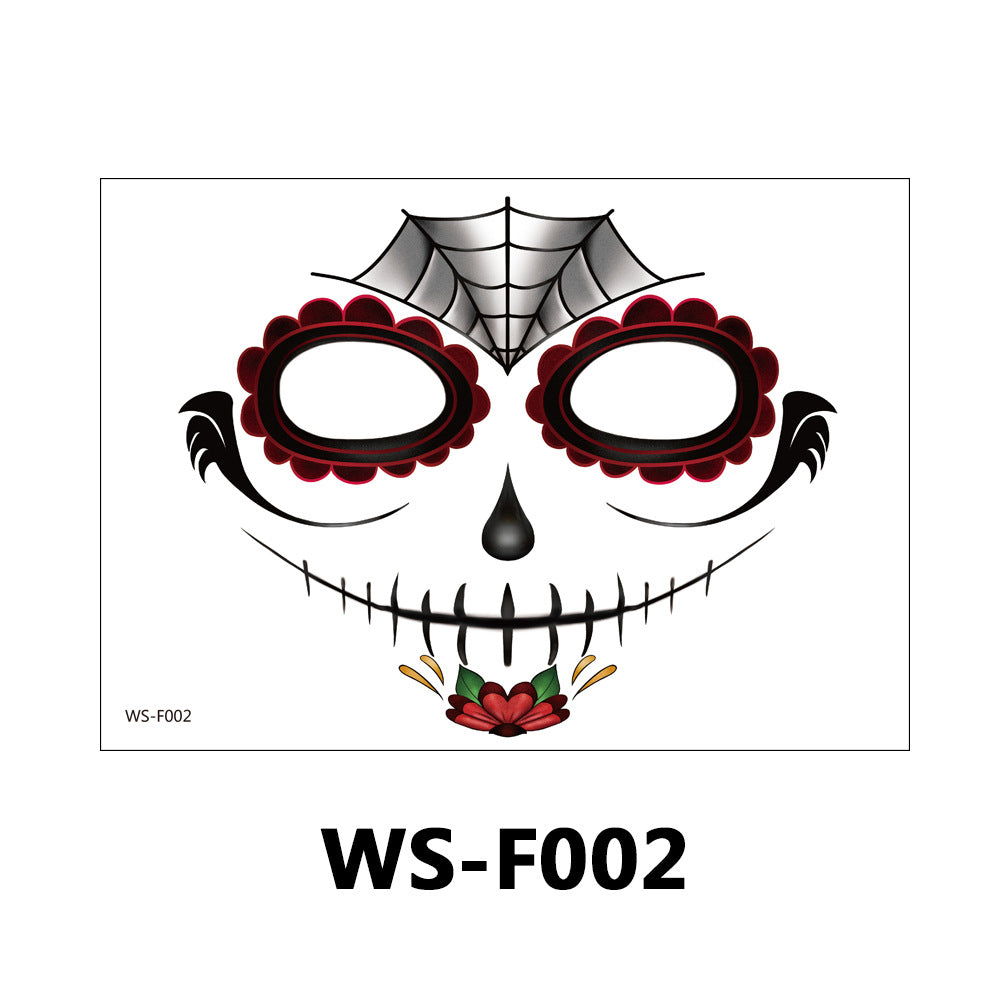 A Day of the Dead sugar skull mask design on a white background, featuring red flower-shaped eye decorations, black spiderweb details above the eyes, a stitched mouth, and a small red flower with green leaves at the chin. The text 'WS-F002' appears below the mask.